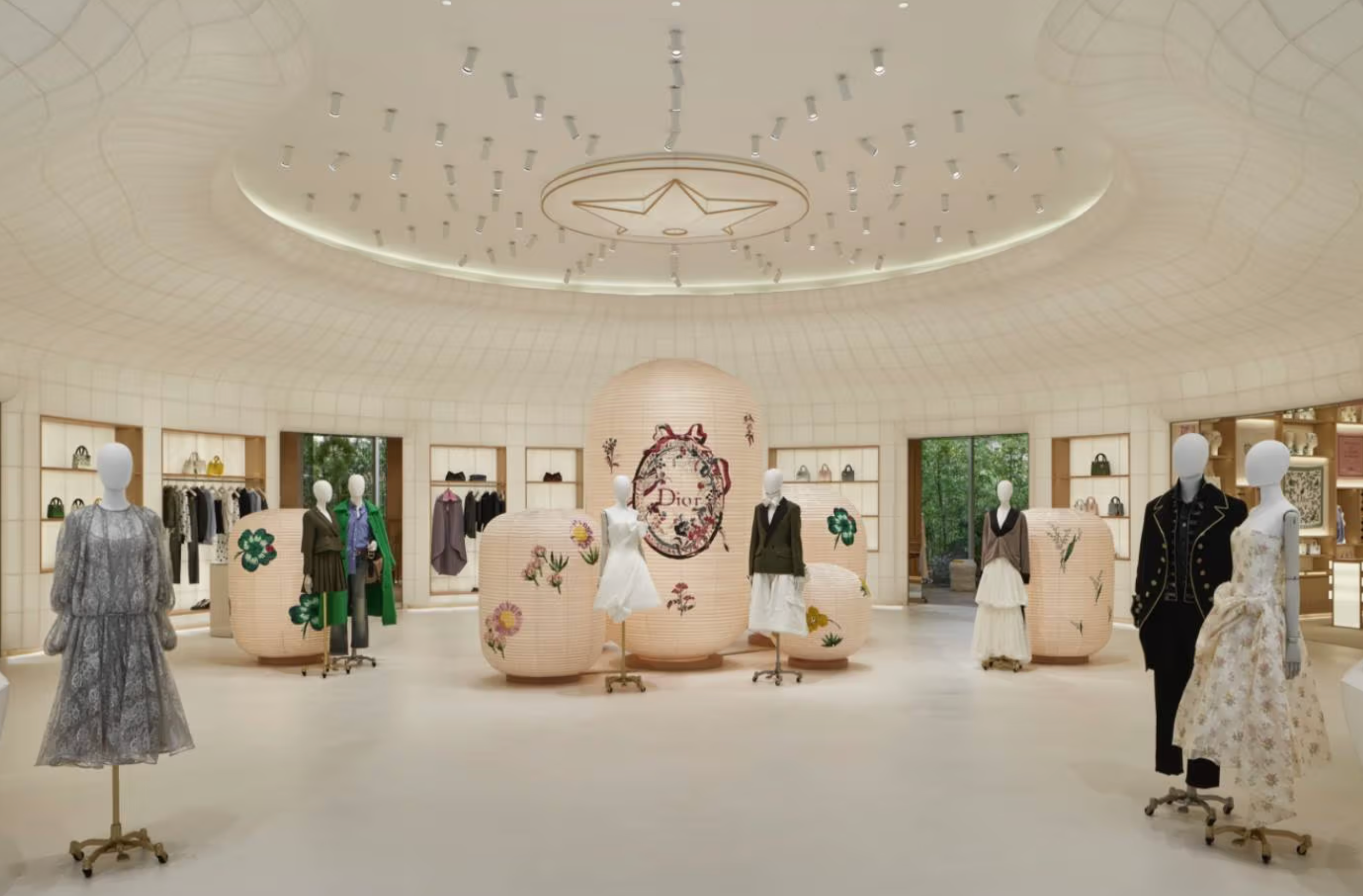 Dior Bamboo Pavilion in Tokyo's Daikanyama district – golden bamboo lattice facade at dusk