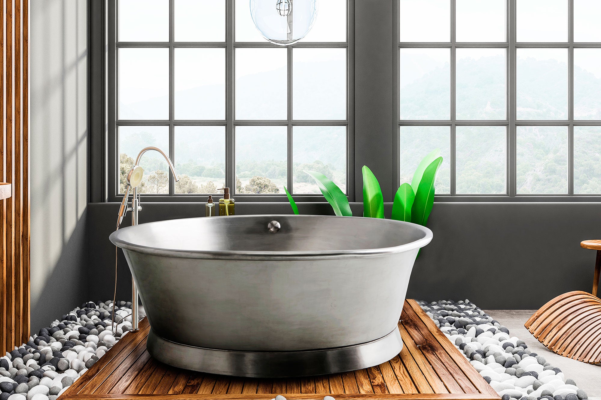 Ympyränmuotoinen harjattu kuparikylpyamme