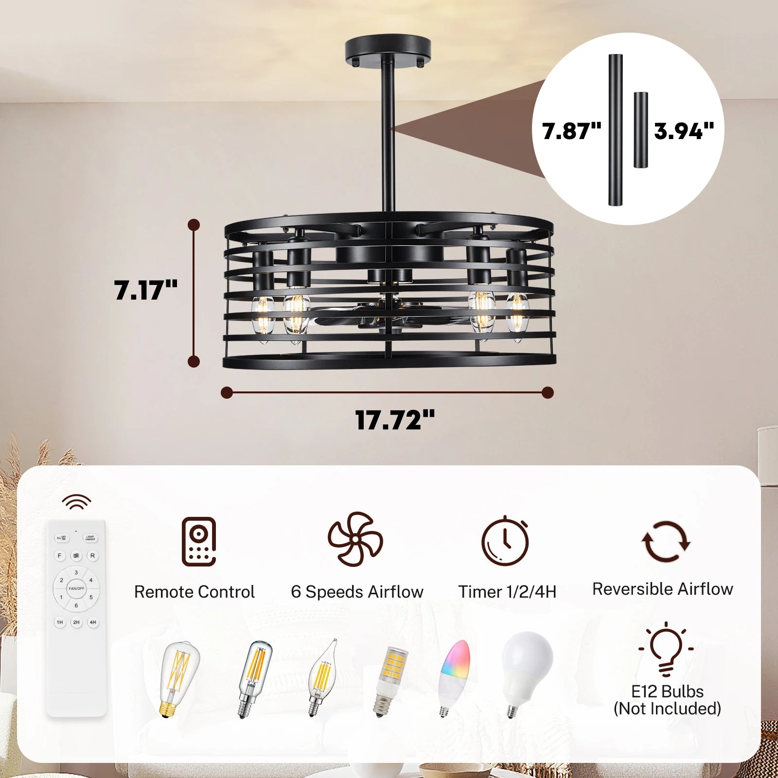 Nooknova Black 18 Inch Caged Ceiling Fan with Lights and Remote