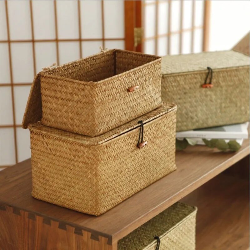 SkandiShop Seaweed Storage Basket Hand-woven Storage Box with Lid