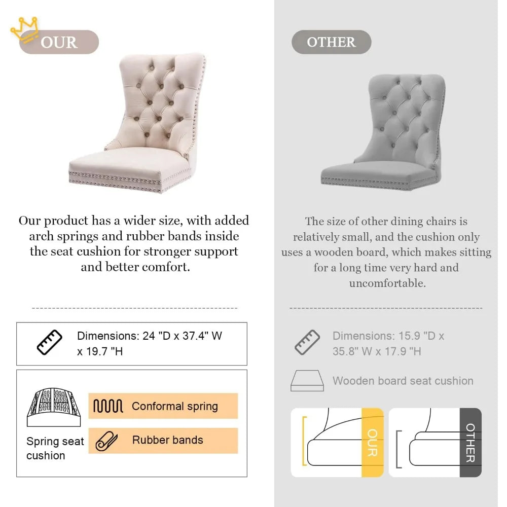 Verhoiltu ruokapöydän tuolien sarja, 4 kpl, samettinen tuftattu ruokapöydän tuolit, naulaselkänoja ja rengasvetoinen reunus