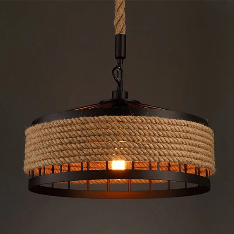 SkandiShop American Retro Iron Art Chandelier E27 Hemp Rope Hanging Lights